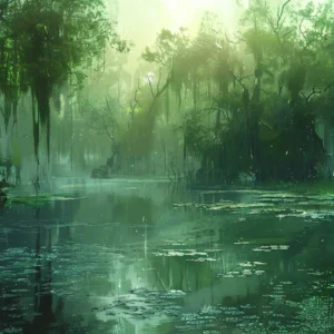 Paysage de Marais Mystérieux avec Reflets Verts et Atmosphère Brumeuse