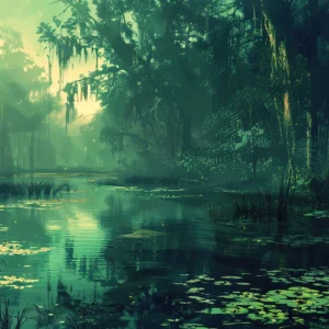 Papier Peint Marécage Mystérieux aux Reflets Émeraude et Lumière Dorée