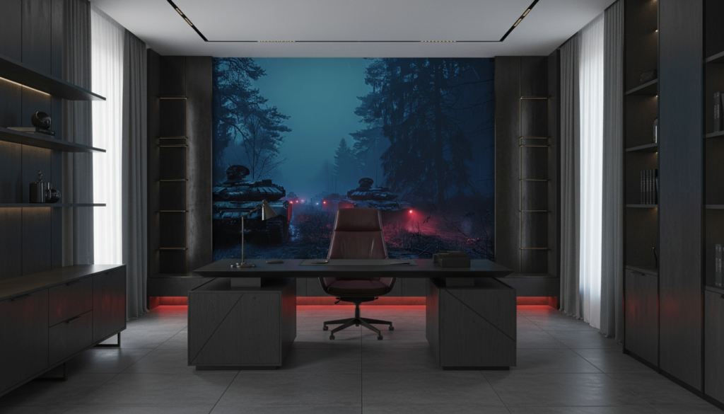 Tanks Militaires dans Forêt Brumeuse aux Éclairages Rouges Nocturnes - Bureau