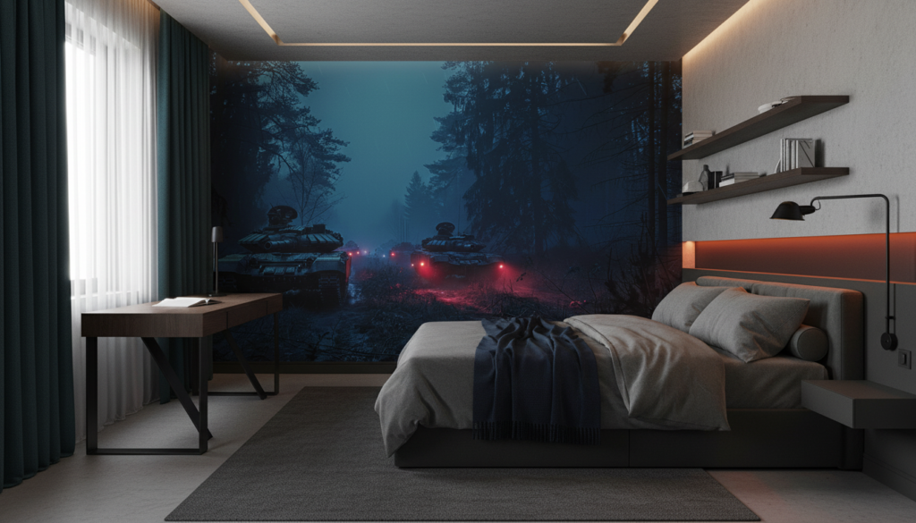 Tanks Militaires dans Forêt Brumeuse aux Éclairages Rouges Nocturnes - Chambre ado