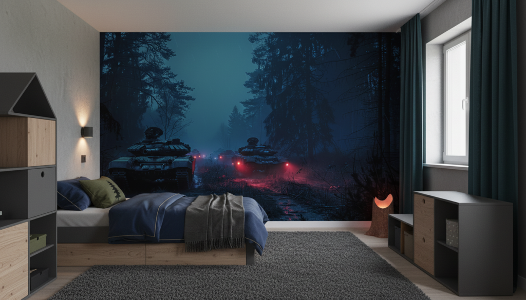 Tanks Militaires dans Forêt Brumeuse aux Éclairages Rouges Nocturnes - Chambre enfant
