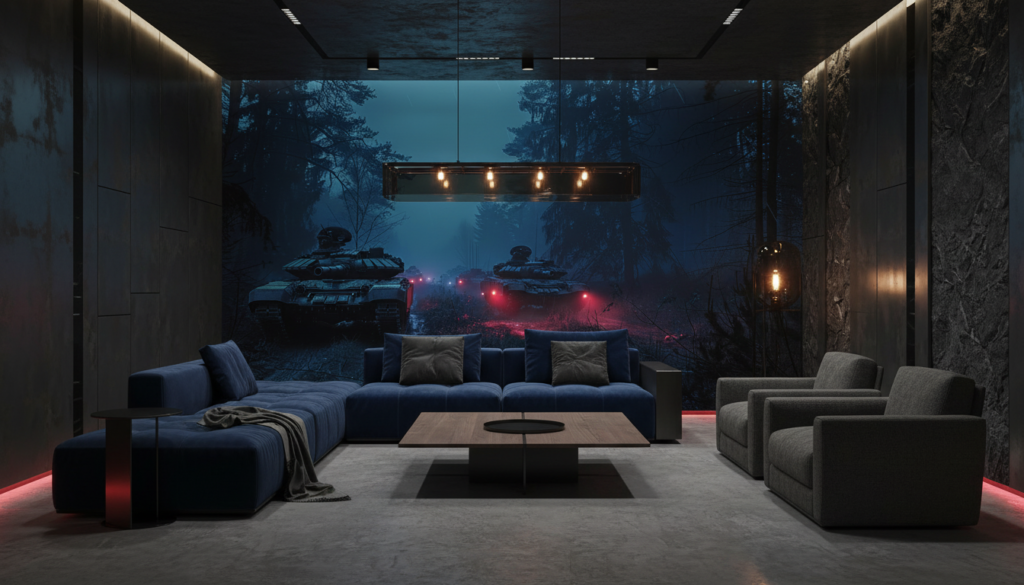 Tanks Militaires dans Forêt Brumeuse aux Éclairages Rouges Nocturnes - Salon / Séjour