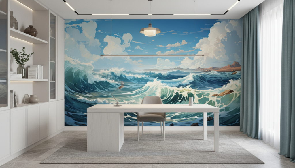 Tempête Océanique Majestueuse aux Vagues Puissantes et Ciel Nuageux - Bureau