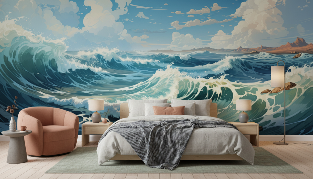 Tempête Océanique Majestueuse aux Vagues Puissantes et Ciel Nuageux - Chambre adulte