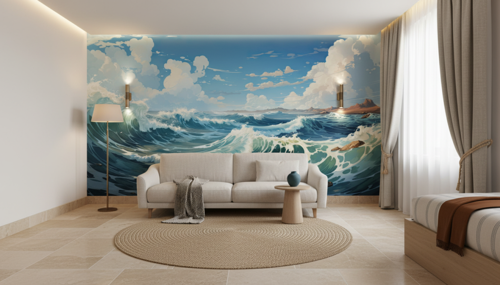 Tempête Océanique Majestueuse aux Vagues Puissantes et Ciel Nuageux - Hôtel