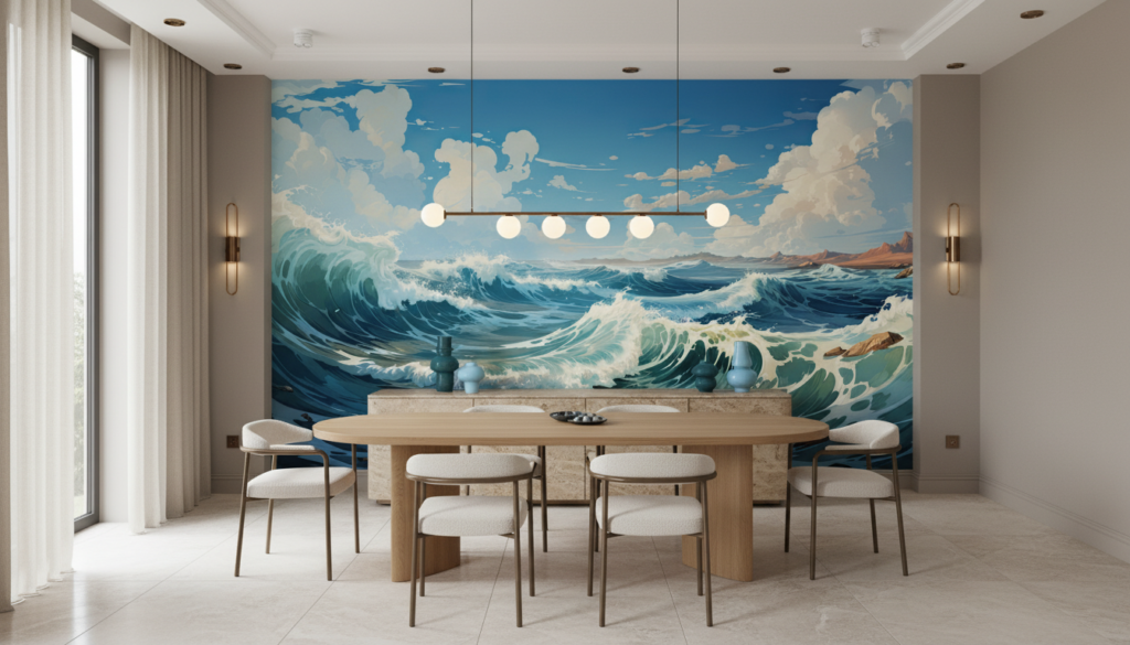 Tempête Océanique Majestueuse aux Vagues Puissantes et Ciel Nuageux - Salle à manger