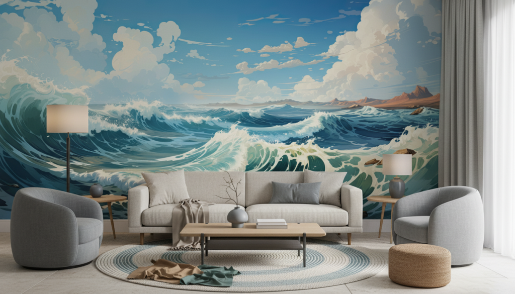 Tempête Océanique Majestueuse aux Vagues Puissantes et Ciel Nuageux - Salon / Séjour