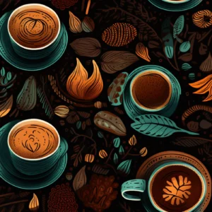 Papier peint café vintage avec motifs botaniques et tasses illustrées