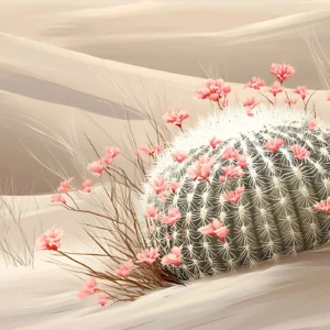 Papier peint désert fleuri avec cactus épineux et fleurs roses