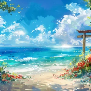 Plage Tropicale avec Torii Japonais et Végétation Luxuriante Colorée