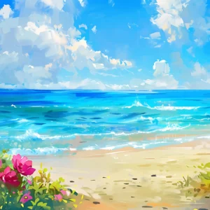 Paysage Tropical avec Plage Paradisiaque et Fleurs Colorées