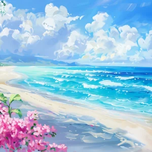 Plage tropicale paradisiaque avec fleurs roses et océan turquoise