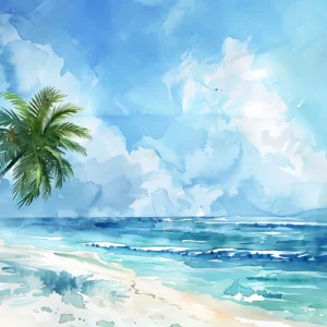 Papier Peint Plage Tropicale Palmier Océan Aquarelle Bleue