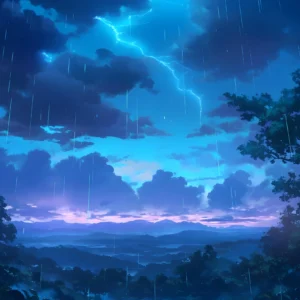 Paysage de montagne sous orage électrique et pluie bleue