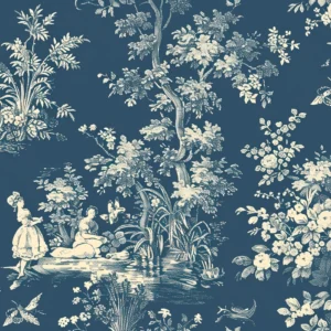Papier Peint Toile de Jouy Bleu Scènes Pastorales et Florales