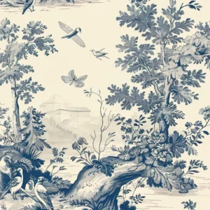 Papier peint toile de Jouy vintage oiseaux et végétation bleu