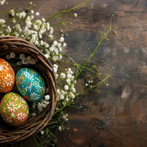 Panier d'œufs de Pâques colorés avec fleurs printanières
