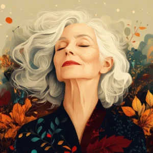 Portrait artistique femme élégante feuillage automnal tons chauds