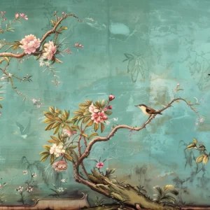 Papier Peint Oiseaux Exotiques et Fleurs sur Fond Turquoise Vintage