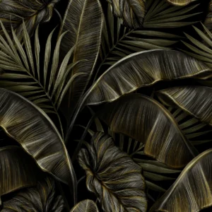 Papier Peint Tropical Luxe Feuillages Dorés Sur Fond Noir