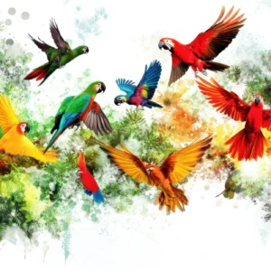 Papier Peint Tropical Perroquets Multicolores Voltigeant dans la Jungle Luxuriante