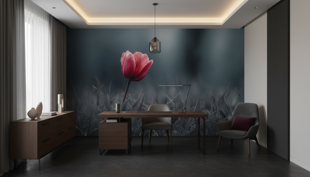 Tulipe Rouge Solitaire sur Fond Naturel Brumeux et Artistique - Bureau