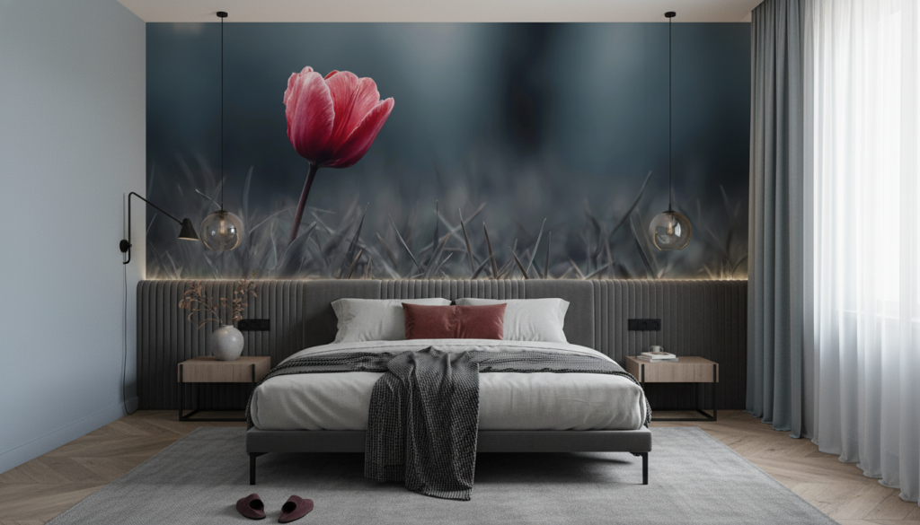 Tulipe Rouge Solitaire sur Fond Naturel Brumeux et Artistique - Chambre adulte