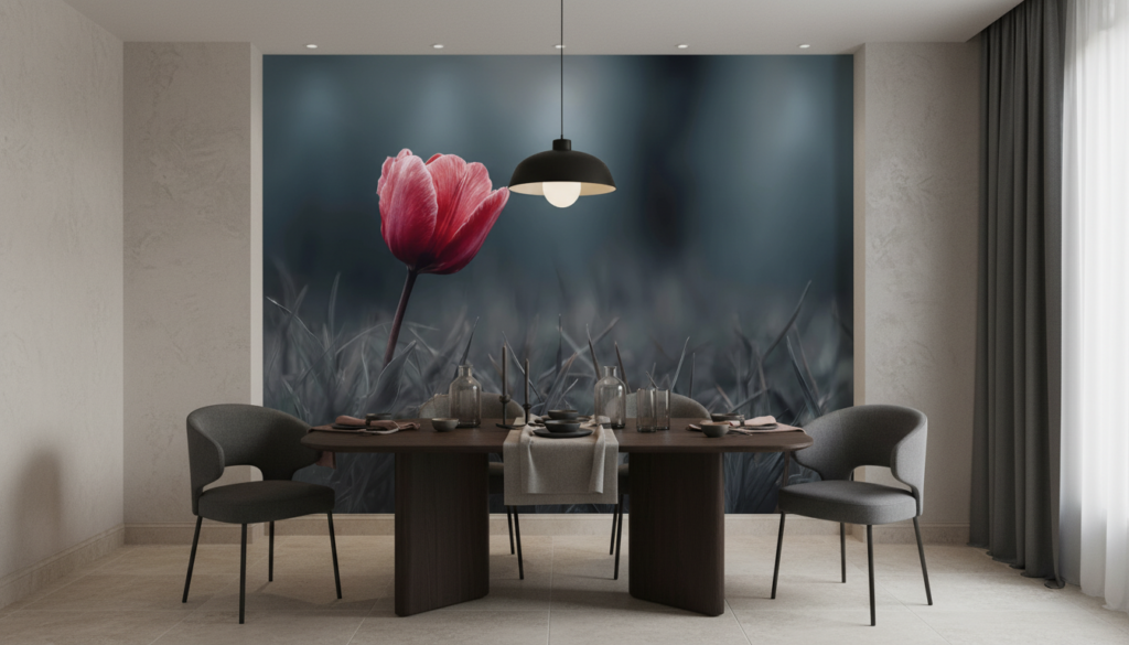 Tulipe Rouge Solitaire sur Fond Naturel Brumeux et Artistique - Salle à manger