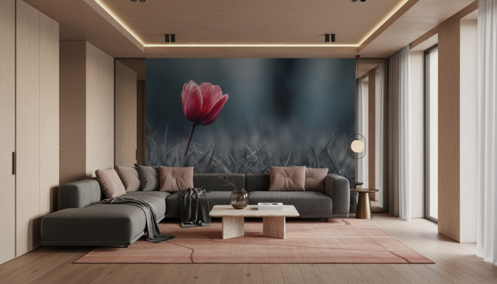 Tulipe Rouge Solitaire sur Fond Naturel Brumeux et Artistique - Salon / Séjour