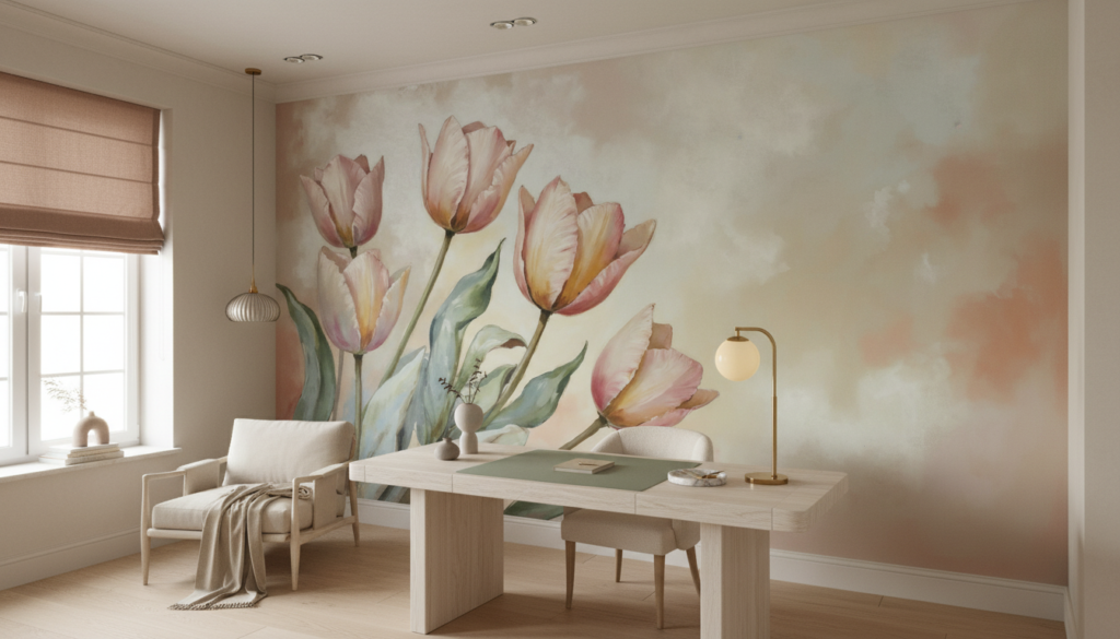 Tulipes Pastel Aquarelle sur Fond Nuageux Romantique - Bureau