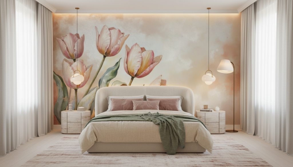 Tulipes Pastel Aquarelle sur Fond Nuageux Romantique - Chambre adulte