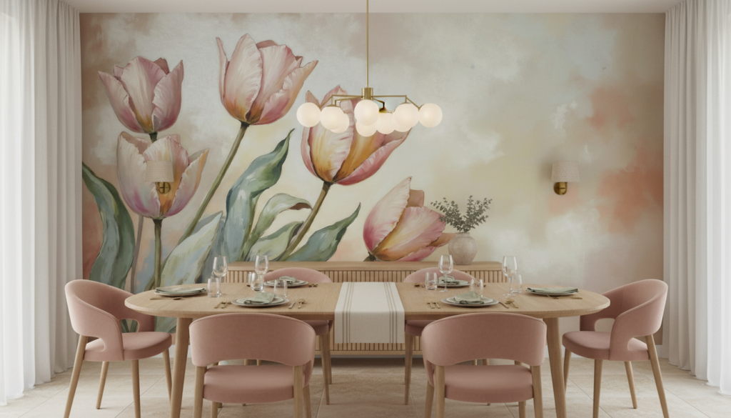 Tulipes Pastel Aquarelle sur Fond Nuageux Romantique - Salle à manger