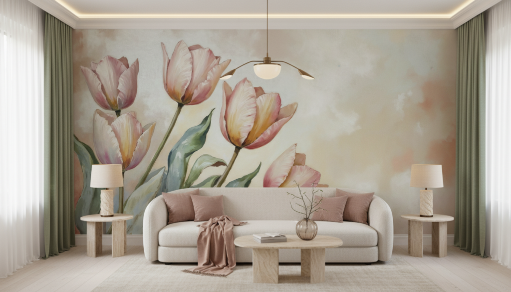 Tulipes Pastel Aquarelle sur Fond Nuageux Romantique - Salon / Séjour