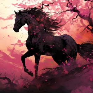 Cheval noir mystique dans paysage rose et violet fantastique