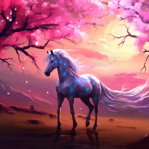 Licorne Magique sous Cerisier Rose Coucher de Soleil Fantastique