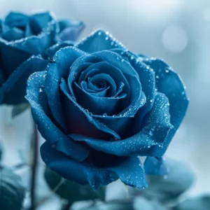 Papier peint roses bleues avec gouttelettes d'eau effet romantique