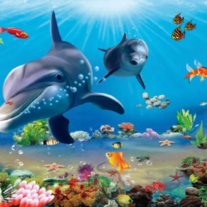Papier peint panoramique fond marin dauphins et poissons tropicaux colorés