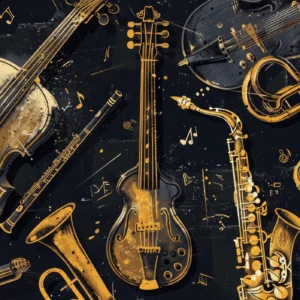 Papier Peint Instruments de Musique Dorés sur Fond Noir Vintage