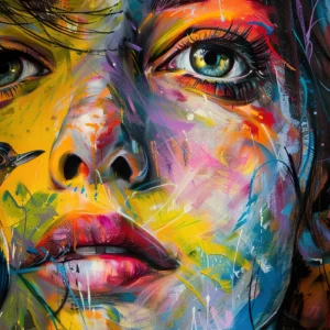 Portrait artistique coloré avec oiseau exotique style street art contemporain