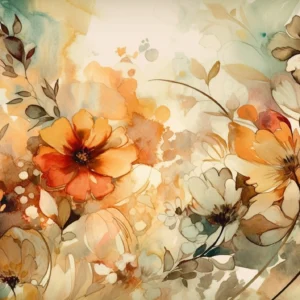 Papier Peint Floral Aquarelle aux Nuances Oranges et Dorées
