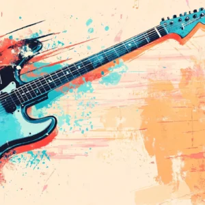 Guitare électrique artistique avec explosion de couleurs et notes musicales