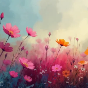 Papier Peint Champ de Cosmos Roses et Oranges Artistique