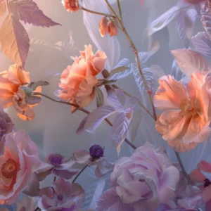 Papier Peint Floral Romantique aux Nuances Corail et Lavande Pastel