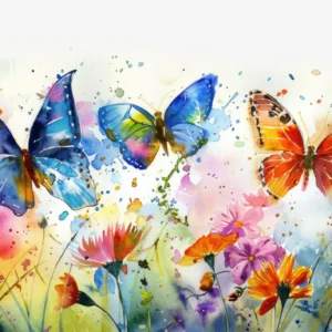 Papier peint aquarelle papillons multicolores et fleurs sauvages artistique