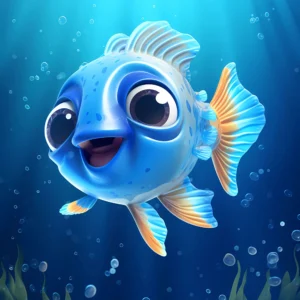 Poisson Tropical Bleu Cartoon dans Océan Lumineux et Bulles