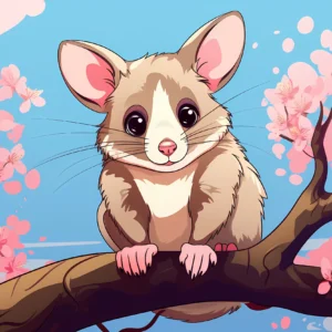 Papier Peint Adorable Opossum sur Branche Fleurie Rose et Bleue