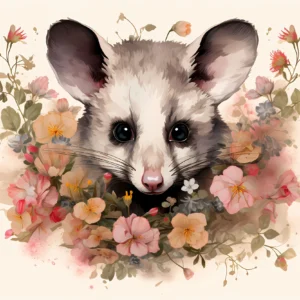 Papier peint opossum aquarelle dans un bouquet floral romantique
