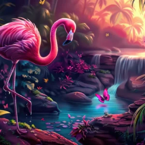 Flamant Rose Tropical Paradis Jungle Cascade Coucher de Soleil