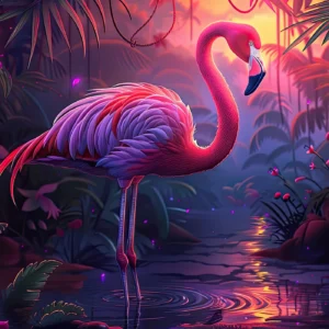 Flamant Rose Tropical Dans Jungle Mystérieuse Aux Reflets Violets