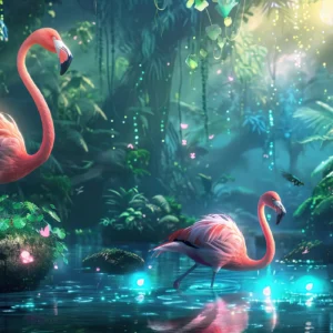 Papier peint tropical enchanteur avec flamants roses dans jungle luxuriante